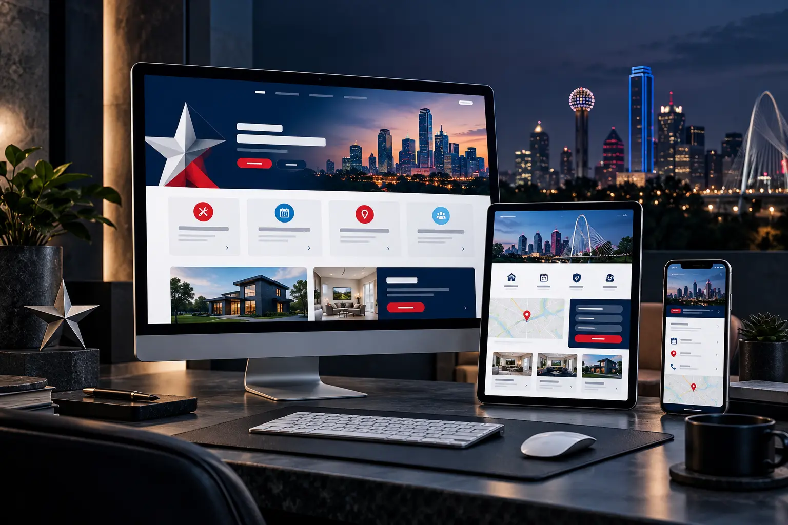 Responsive Texas local business website concept shown on desktop, tablet and phone