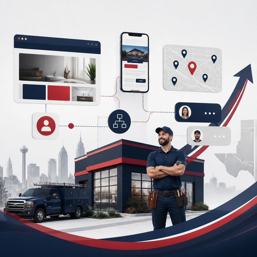 Illustration of a local service business website connected to local search, customer inquiries, and business workflows