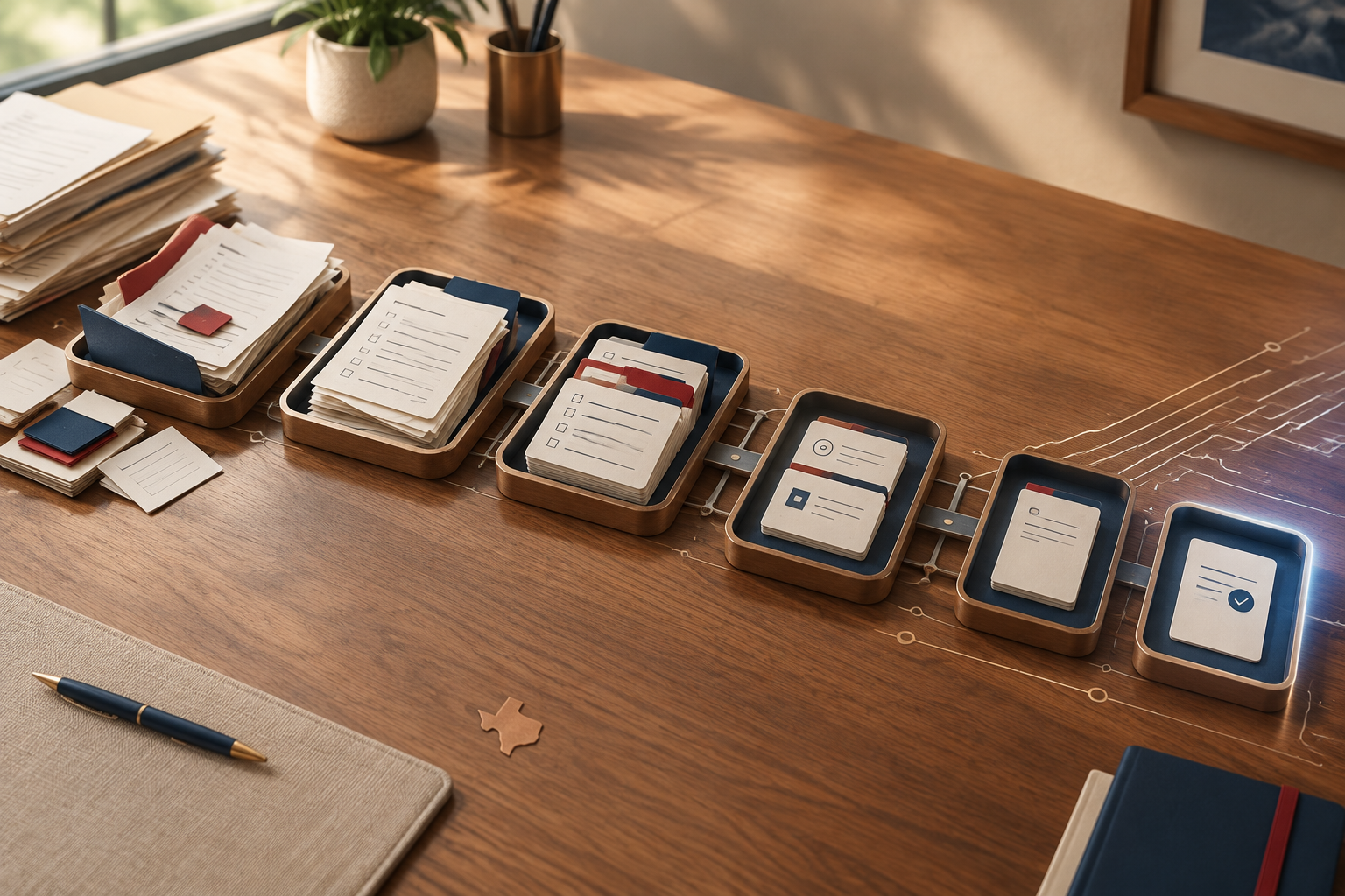 Organized business workflow showing paperwork moving through a clear digital automation process