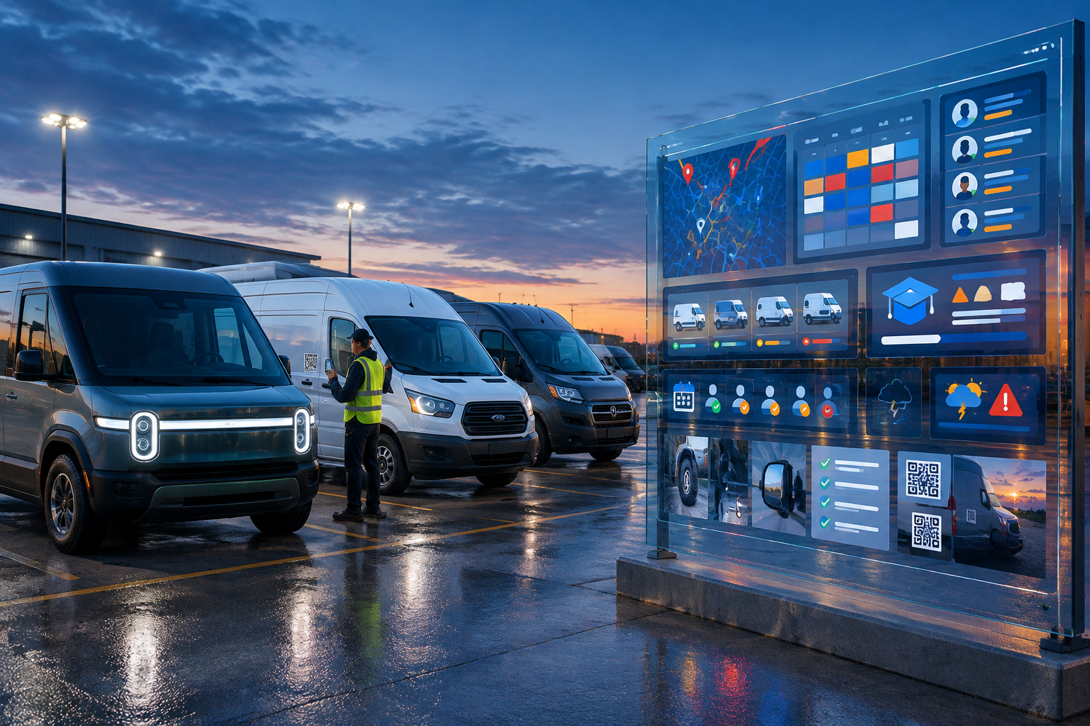 Delivery fleet operations concept showing vans, vehicle inspection records, driver scheduling and weather alerts