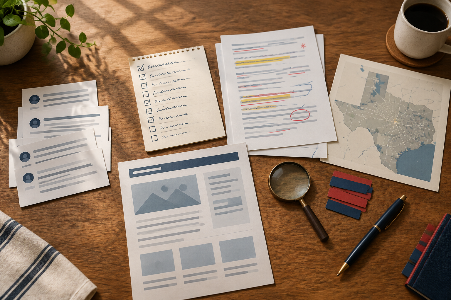 Content planning materials beside a checklist showing how a small business turns customer questions into useful website articles