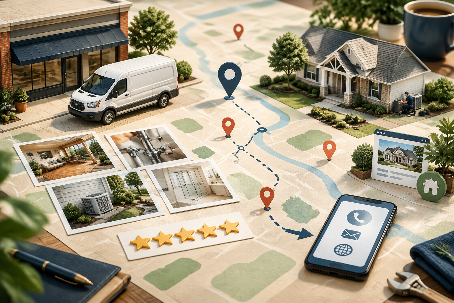 Local service business profile strategy represented by a map, service vehicle, review cards and location pins