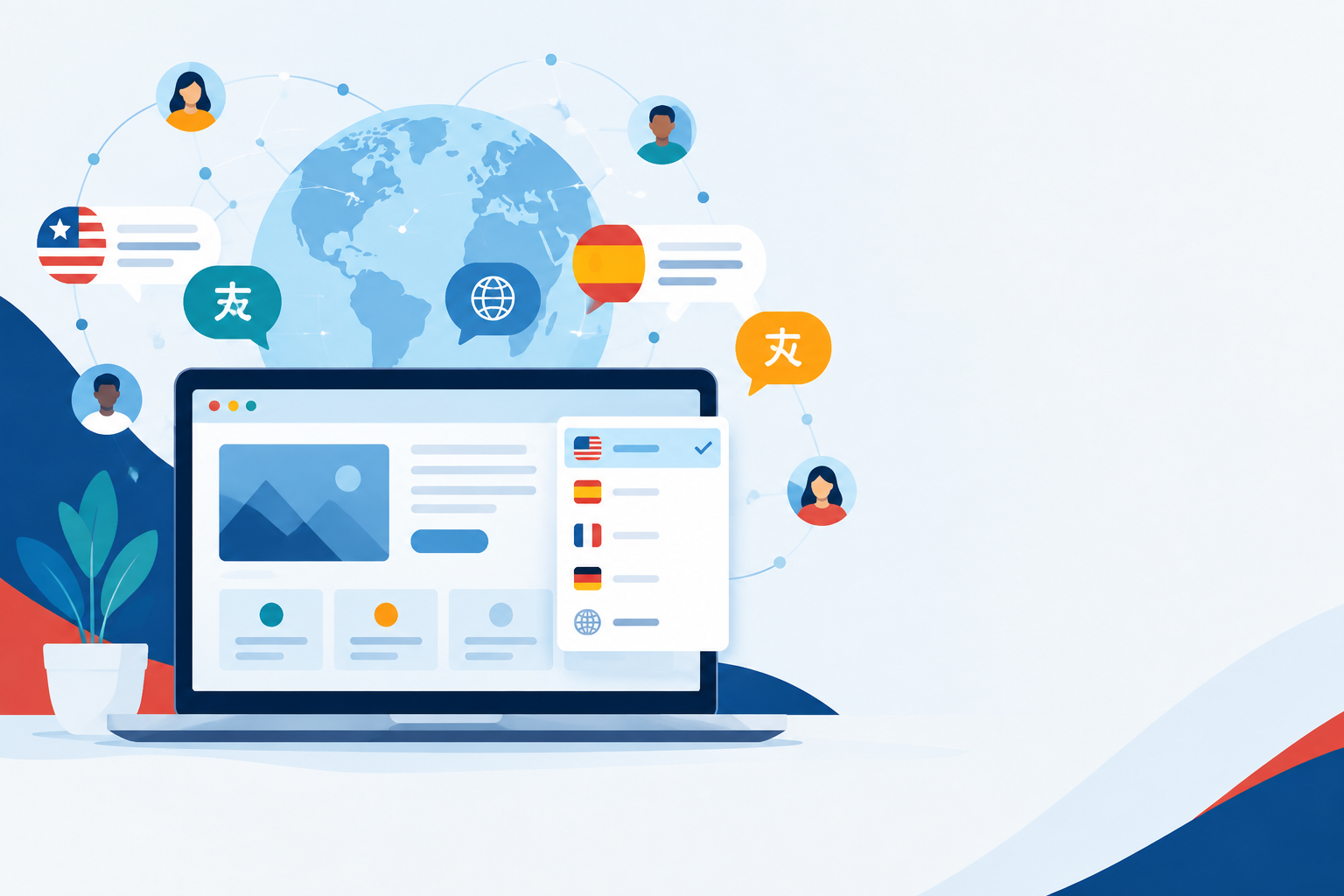 Small-business owner reviewing a multilingual website design plan with a web designer