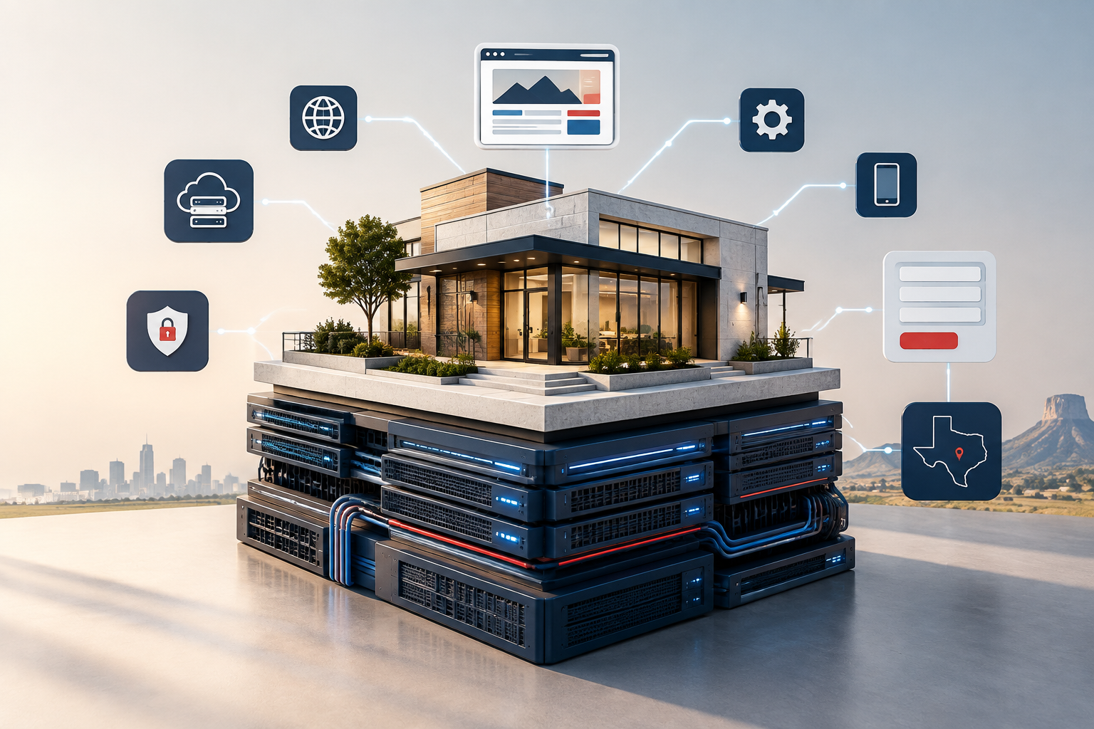 Abstract architectural blueprint showing website hosting infrastructure supporting a small business website