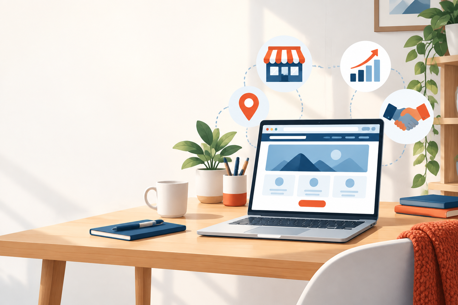 Home-based small business owner planning a professional website in a bright workspace