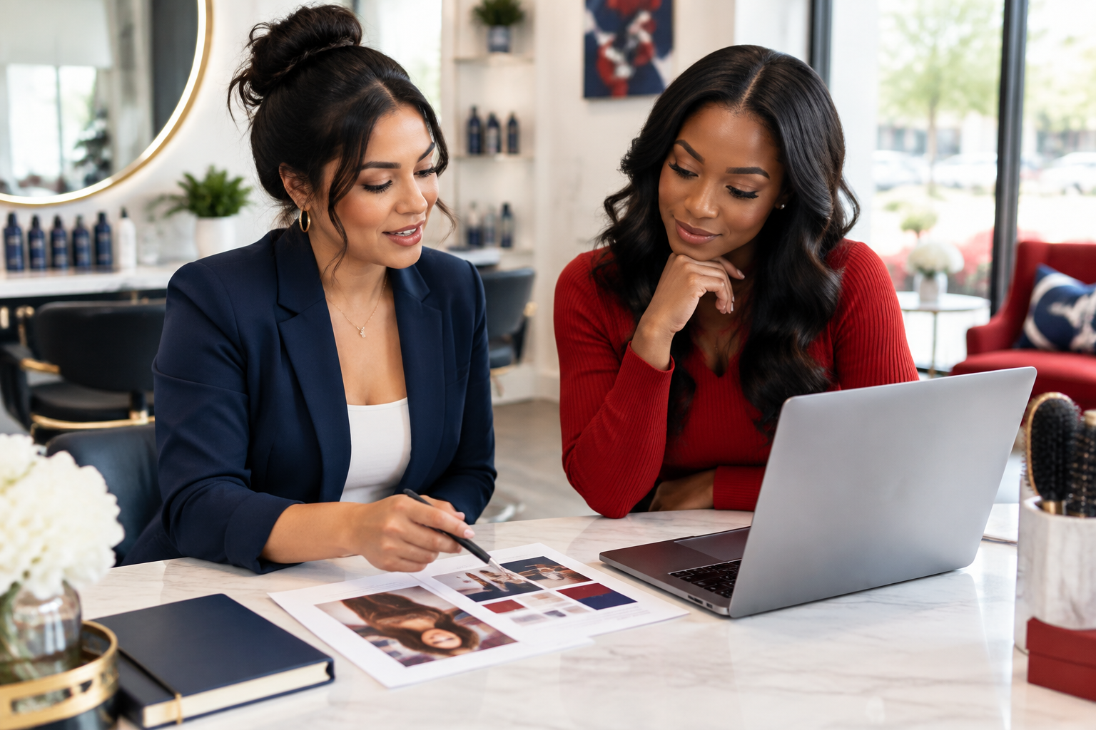 Beauty salon owner discussing website and local marketing strategy with a digital studio consultant